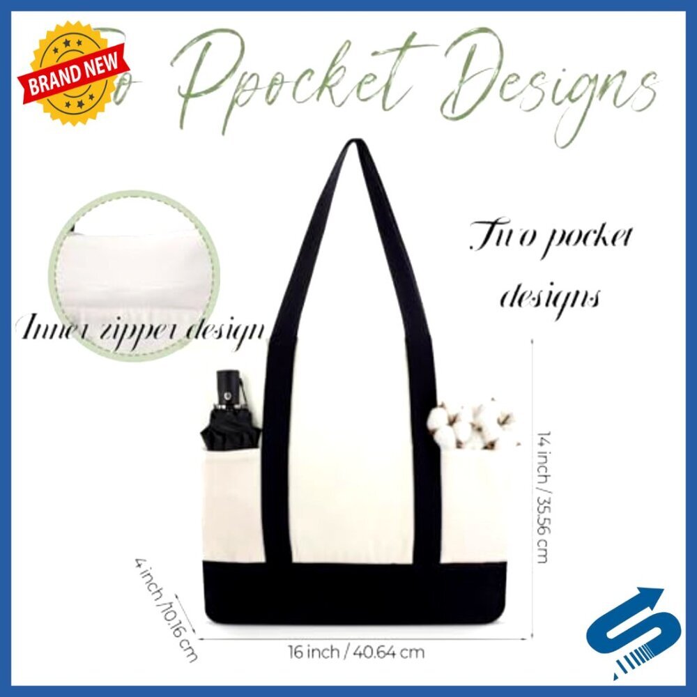 Canvas Tote Bag with Zipper and Pockets Reusable Grocery Shopping DIY - Picture 4 of 7